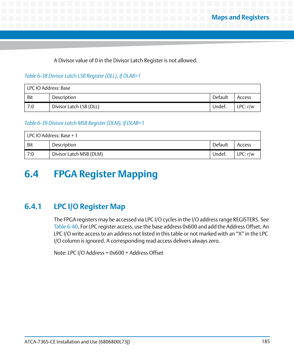 4 fpga register mapping, 1 lpc i/o register map, Table 6-38 | Divisor latch lsb register (dll), if dlab=1, Table 6-39, Divisor latch msb register (dlm), if dlab=1, Maps and registers | Artesyn ATCA-7365-CE Installation and Use (May 2014) User Manual | Page 185 / 294