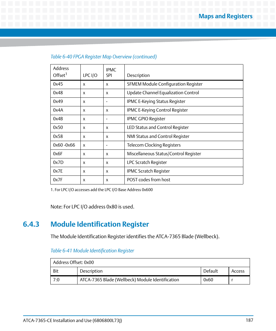 3 module identification register, Table 6-41, Module identification register | Maps and registers | Artesyn ATCA-7365-CE Installation and Use (May 2014) User Manual | Page 187 / 294