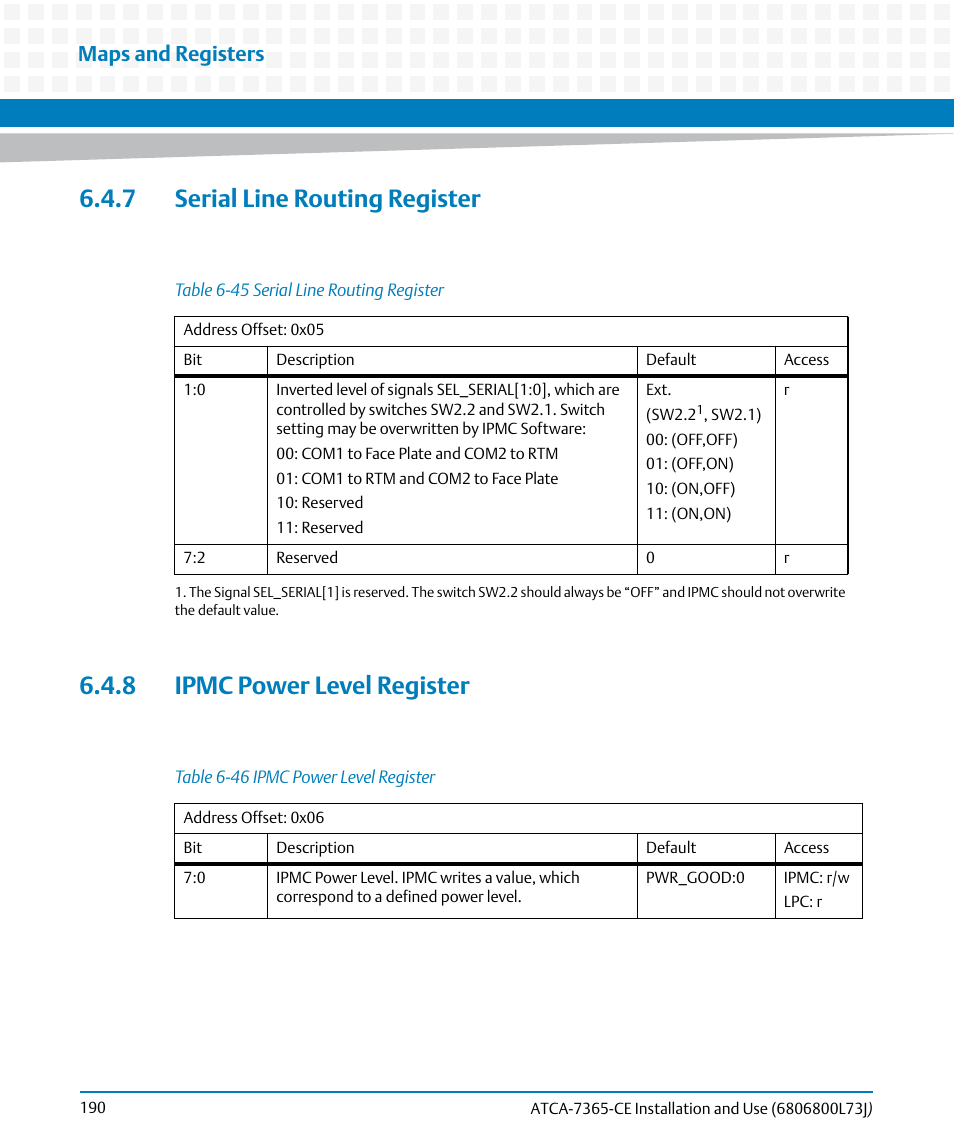 7 serial line routing register, 8 ipmc power level register, Table 6-45 | Serial line routing register, Table 6-46, Ipmc power level register, Maps and registers | Artesyn ATCA-7365-CE Installation and Use (May 2014) User Manual | Page 190 / 294