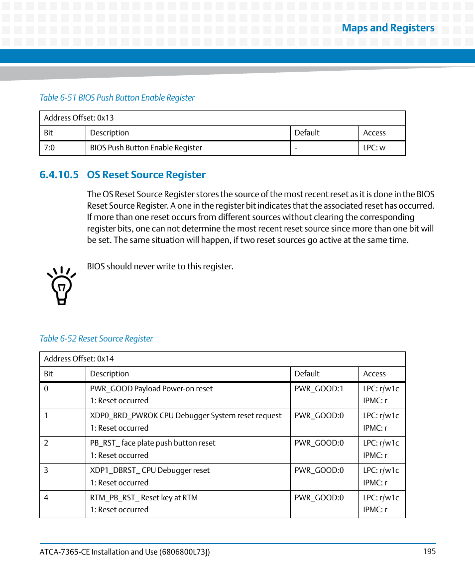 5 os reset source register, Table 6-51, Bios push button enable register | Table 6-52, Reset source register, Maps and registers | Artesyn ATCA-7365-CE Installation and Use (May 2014) User Manual | Page 195 / 294