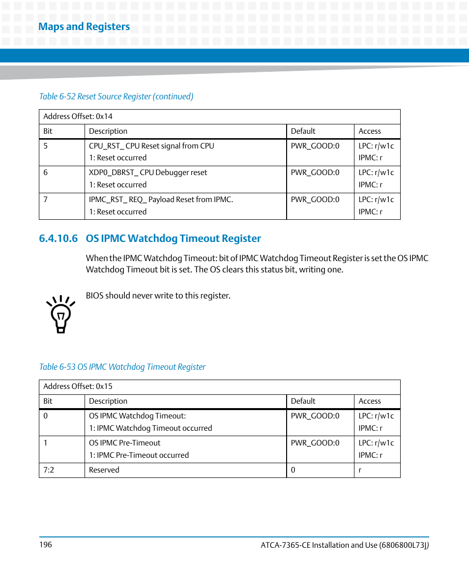 6 os ipmc watchdog timeout register, Table 6-53, Os ipmc watchdog timeout register | Maps and registers | Artesyn ATCA-7365-CE Installation and Use (May 2014) User Manual | Page 196 / 294