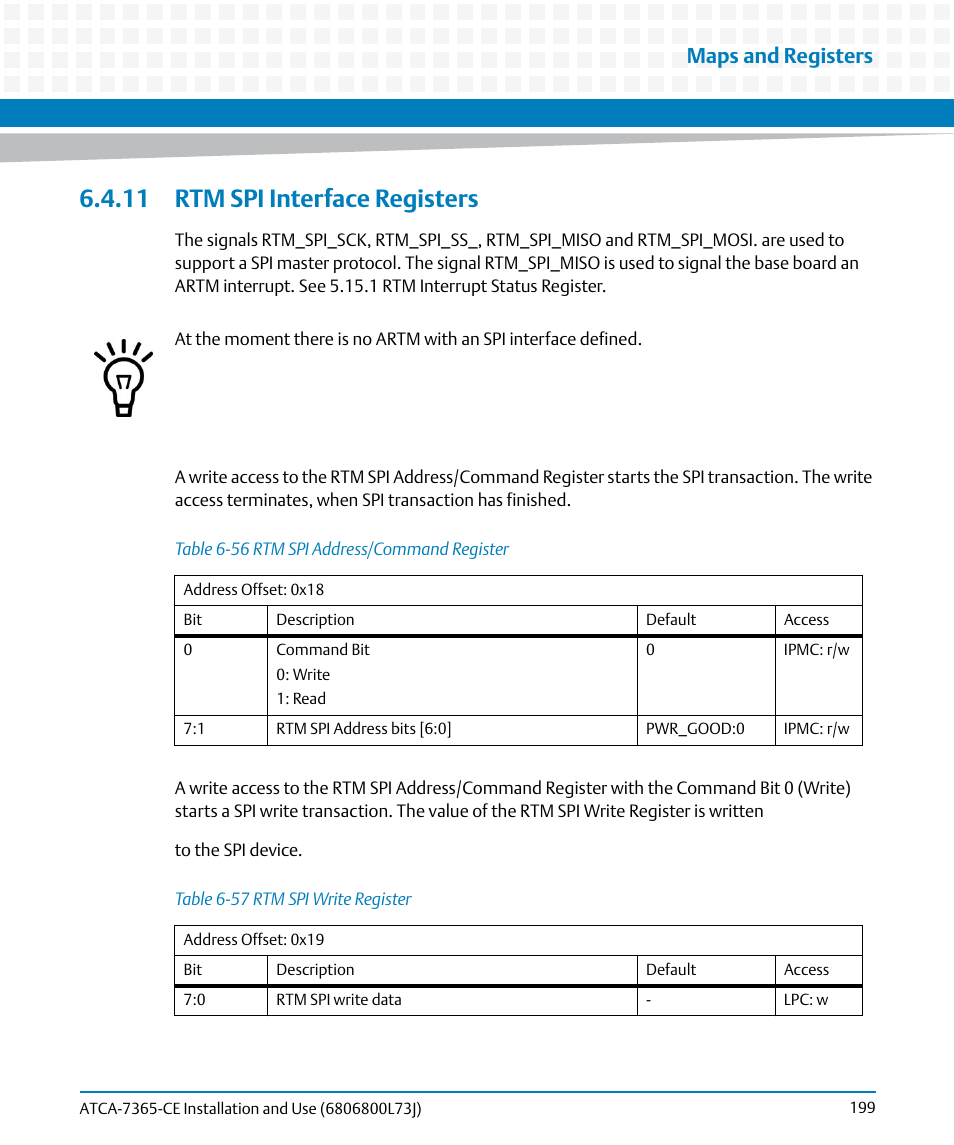 11 rtm spi interface registers, Table 6-56, Rtm spi address/command register | Table 6-57, Rtm spi write register, Maps and registers | Artesyn ATCA-7365-CE Installation and Use (May 2014) User Manual | Page 199 / 294