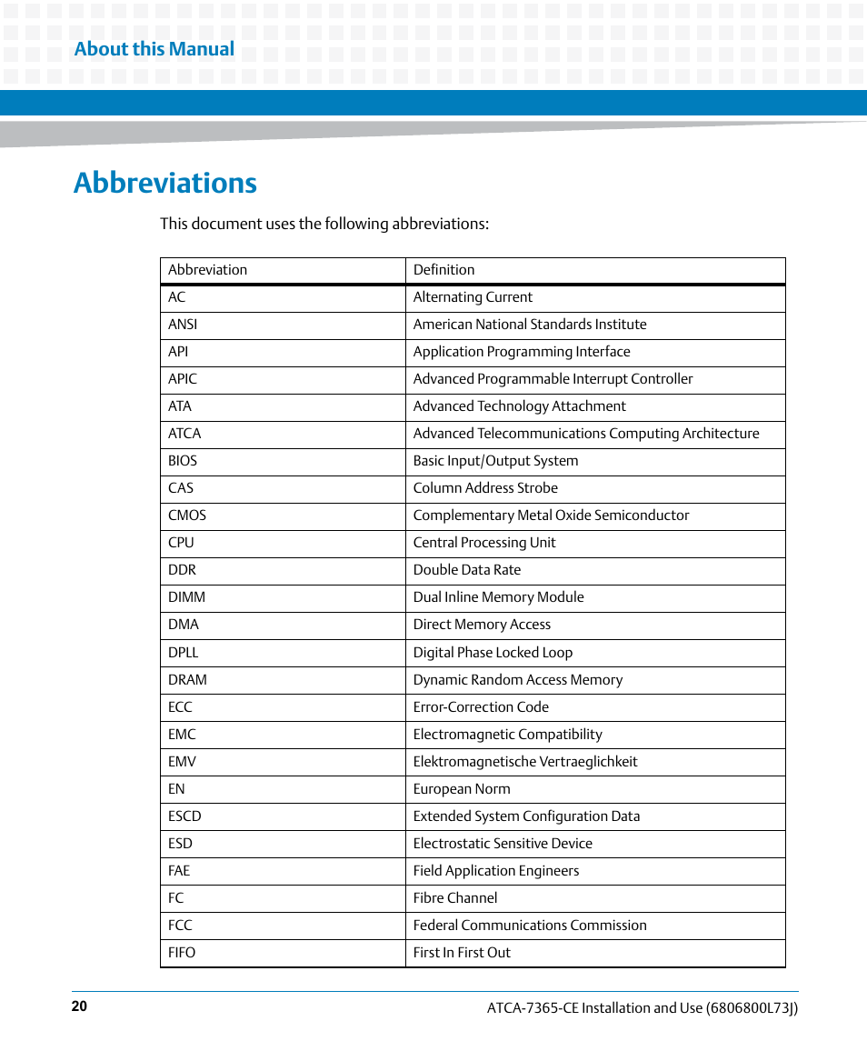 Abbreviations, About this manual | Artesyn ATCA-7365-CE Installation and Use (May 2014) User Manual | Page 20 / 294
