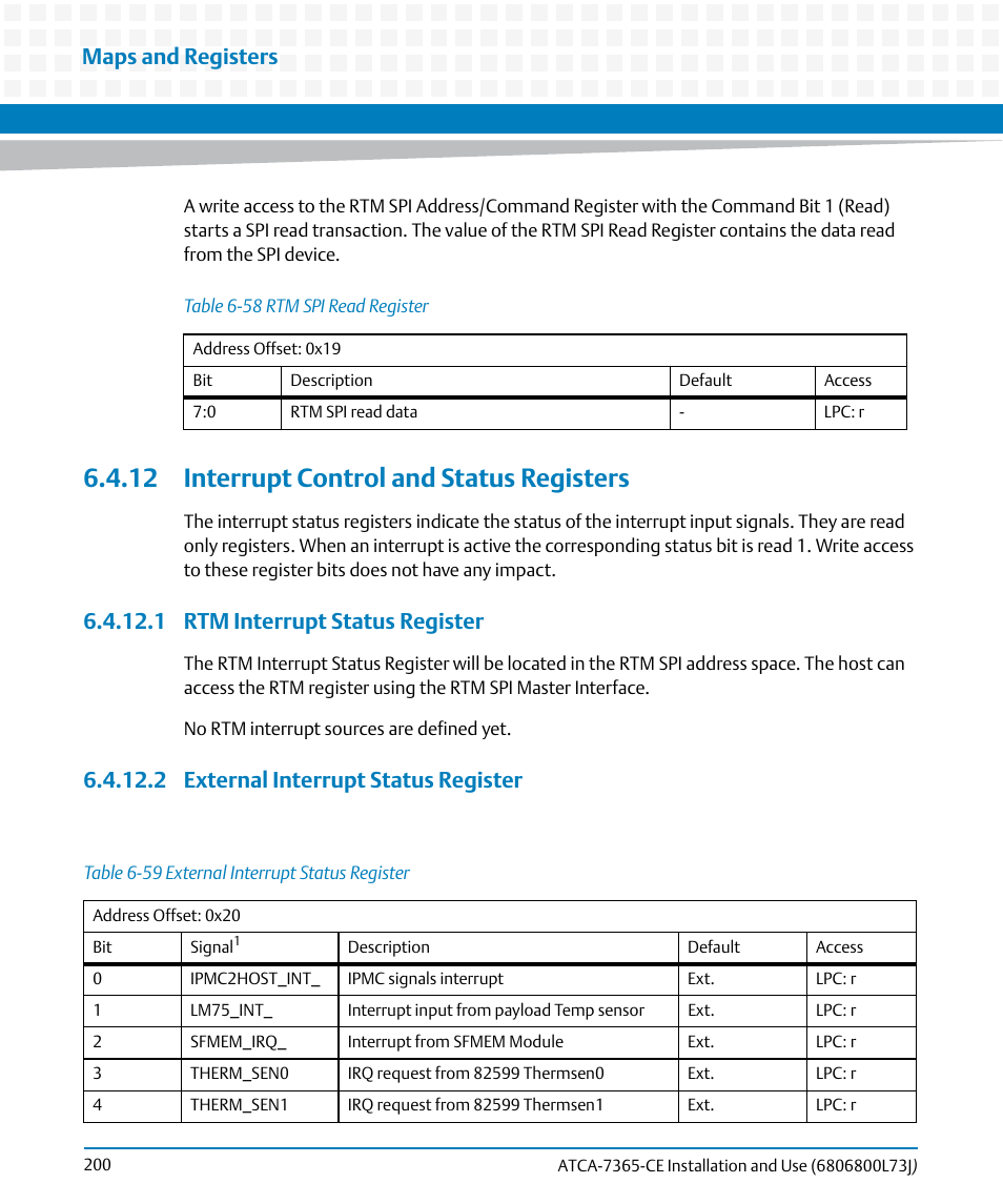 12 interrupt control and status registers, 1 rtm interrupt status register, 2 external interrupt status register | Table 6-58, Rtm spi read register, Table 6-59, External interrupt status register, Maps and registers | Artesyn ATCA-7365-CE Installation and Use (May 2014) User Manual | Page 200 / 294