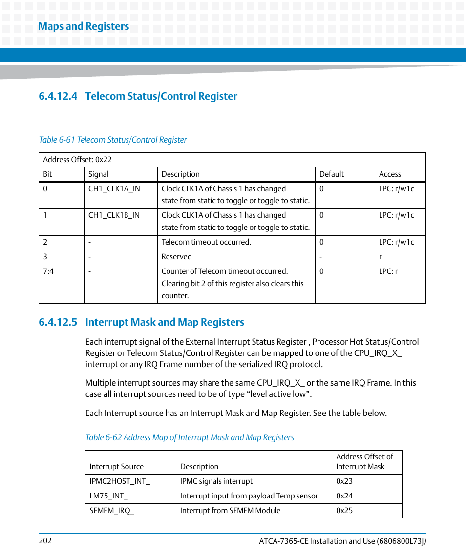 4 telecom status/control register, 5 interrupt mask and map registers, Table 6-61 | Telecom status/control register, Table 6-62, Address map of interrupt mask and map registers, Maps and registers | Artesyn ATCA-7365-CE Installation and Use (May 2014) User Manual | Page 202 / 294