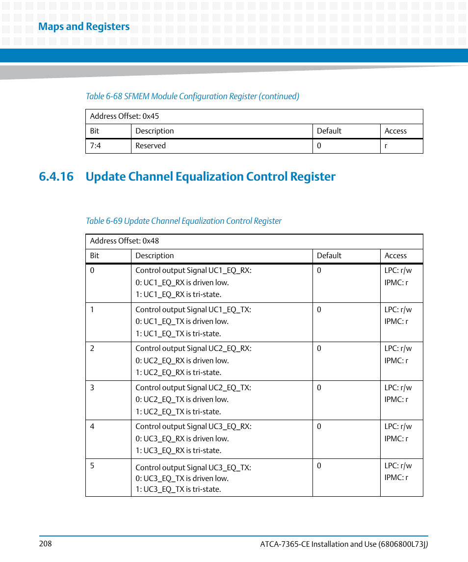 16 update channel equalization control register, Table 6-69, Update channel equalization control register | Maps and registers | Artesyn ATCA-7365-CE Installation and Use (May 2014) User Manual | Page 208 / 294