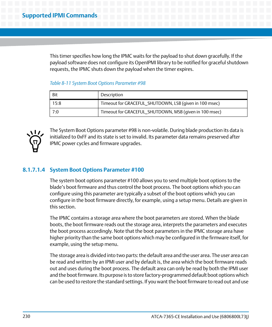 Table 8-11, System boot options parameter #98, N in | System boot options parameter #100, Supported ipmi commands | Artesyn ATCA-7365-CE Installation and Use (May 2014) User Manual | Page 230 / 294