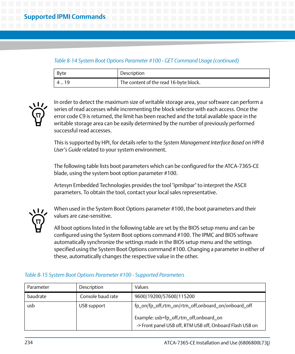 Table 8-15, Supported ipmi commands | Artesyn ATCA-7365-CE Installation and Use (May 2014) User Manual | Page 234 / 294
