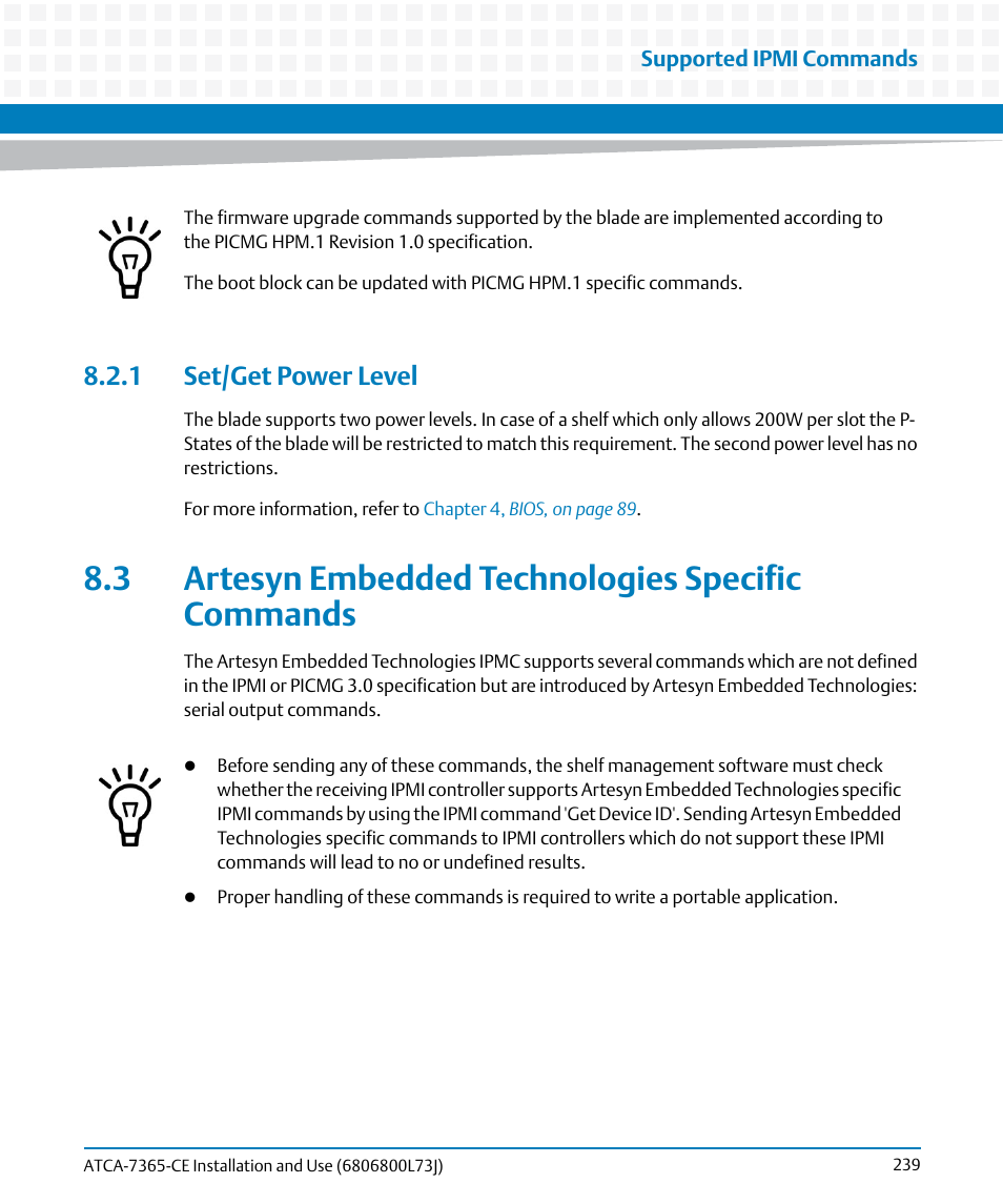 1 set/get power level, 3 artesyn embedded technologies specific commands | Artesyn ATCA-7365-CE Installation and Use (May 2014) User Manual | Page 239 / 294