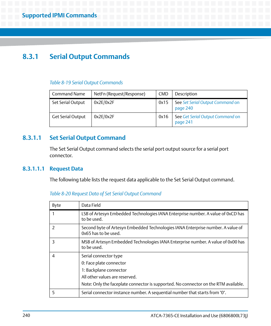 1 serial output commands, 1 set serial output command, Table 8-19 | Serial output commands, Table 8-20, Request data of set serial output command, Serial, Output commands, Supported ipmi commands | Artesyn ATCA-7365-CE Installation and Use (May 2014) User Manual | Page 240 / 294