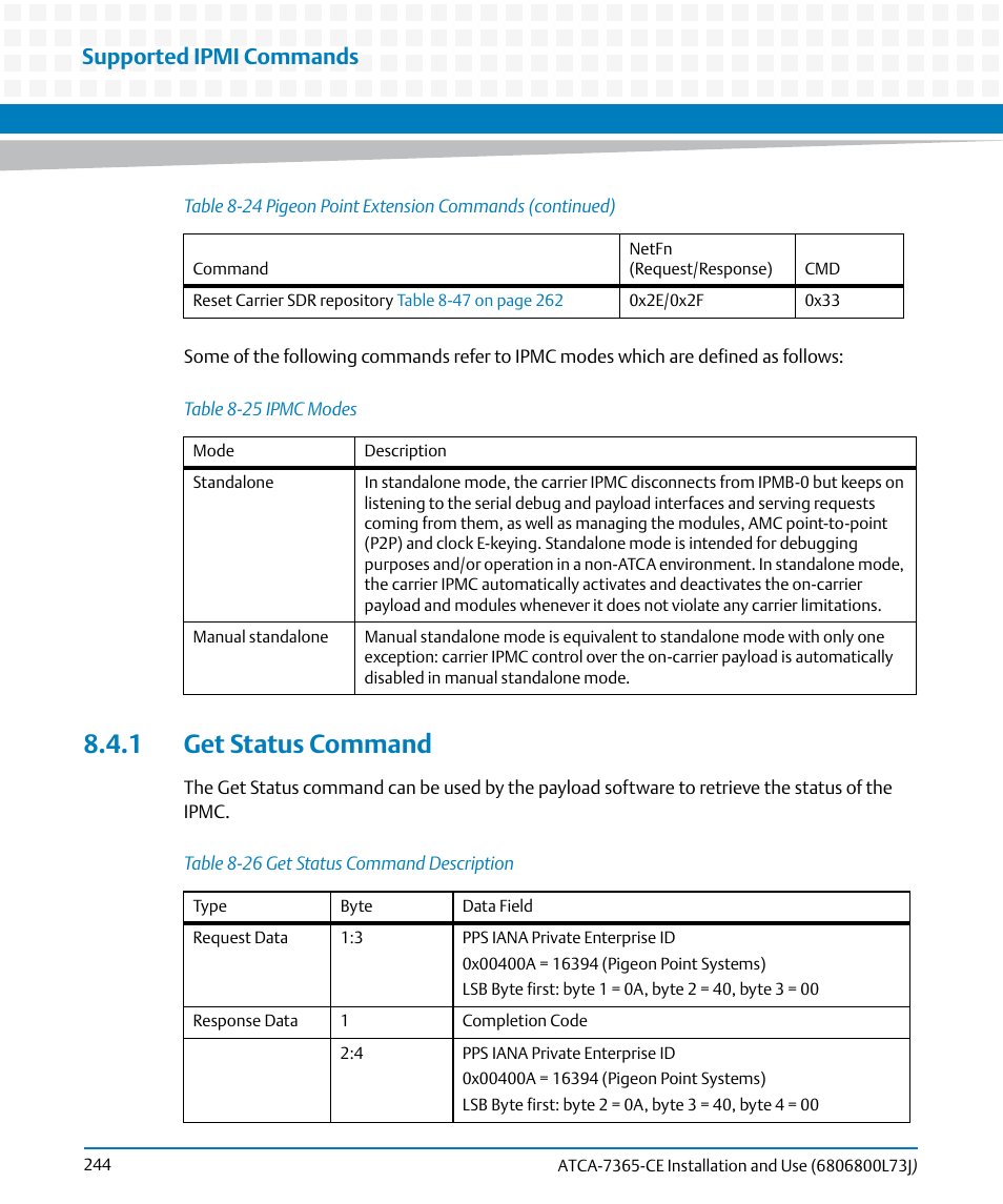 1 get status command, Table 8-25, Ipmc modes | Table 8-26, Get status command description, Supported ipmi commands | Artesyn ATCA-7365-CE Installation and Use (May 2014) User Manual | Page 244 / 294