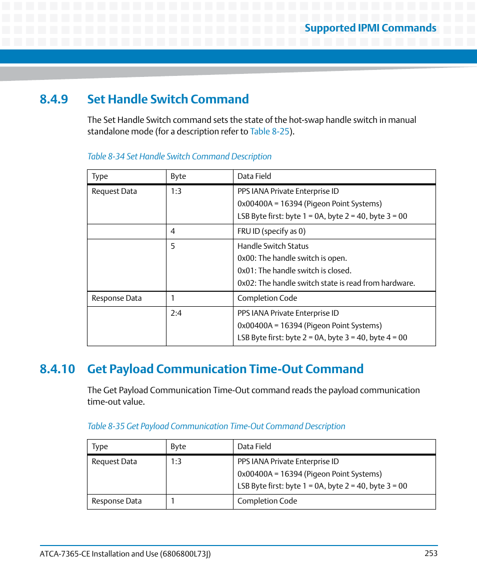 9 set handle switch command, 10 get payload communication time-out command, Table 8-34 | Set handle switch command description, Table 8-35, Ime-out, Supported ipmi commands | Artesyn ATCA-7365-CE Installation and Use (May 2014) User Manual | Page 253 / 294