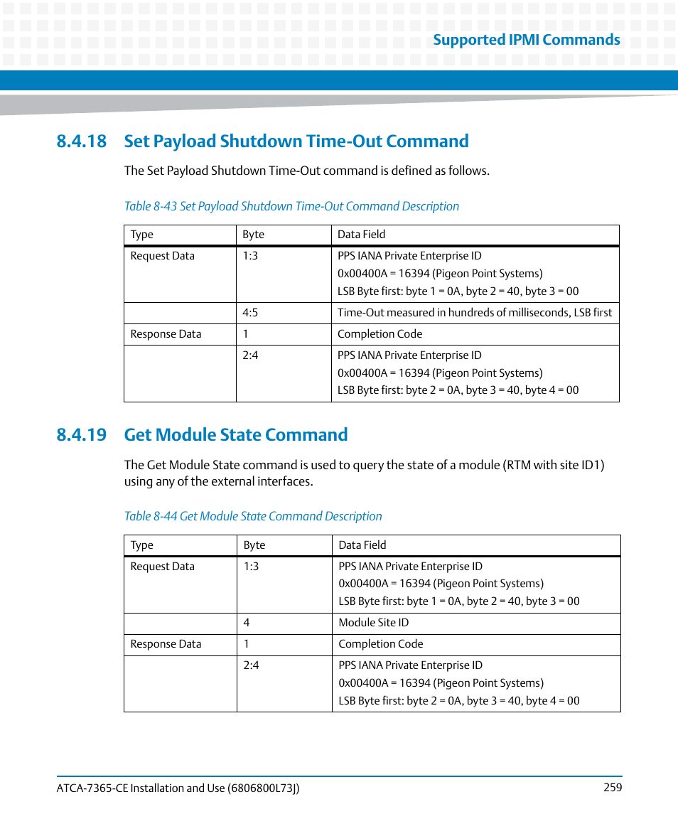 18 set payload shutdown time-out command, 19 get module state command, Table 8-43 | Set payload shutdown time-out command description, Table 8-44, Get module state command description, Ime-out, Supported ipmi commands | Artesyn ATCA-7365-CE Installation and Use (May 2014) User Manual | Page 259 / 294