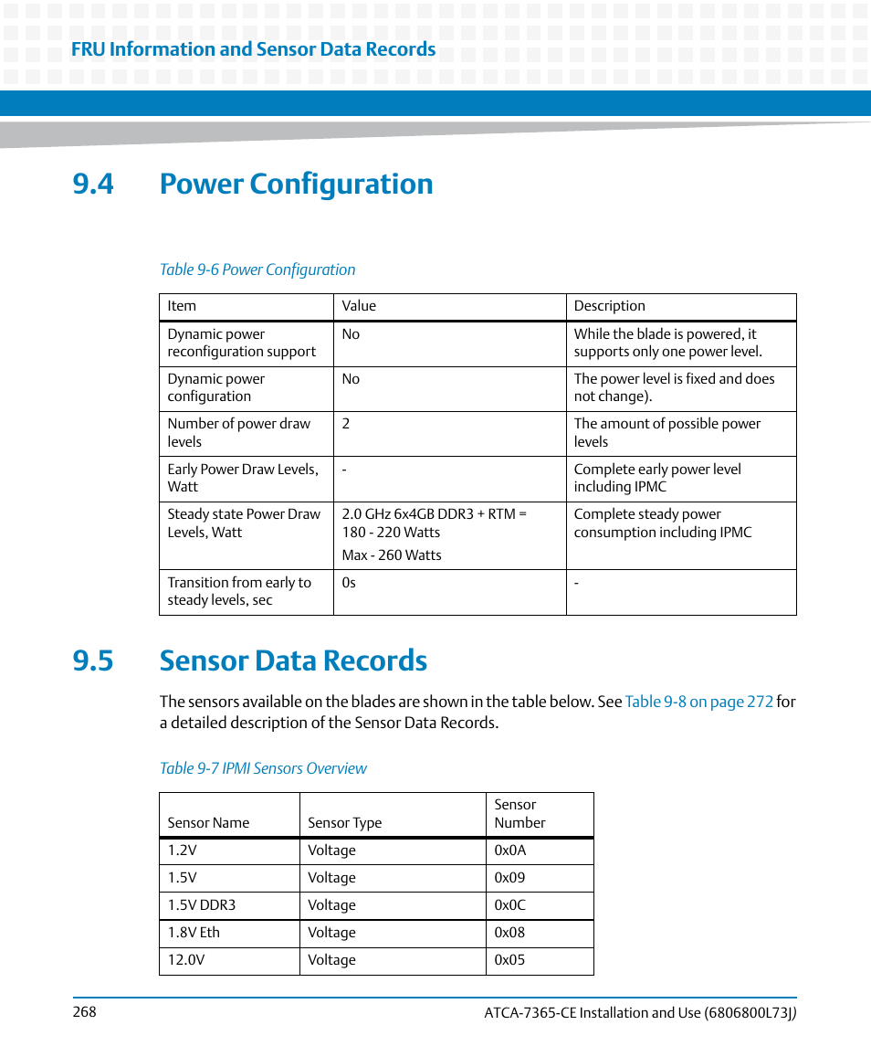 4 power configuration, 5 sensor data records, 4 power configuration 9.5 sensor data records | Table 9-6, Power configuration, Table 9-7, Ipmi sensors overview, Fru information and sensor data records | Artesyn ATCA-7365-CE Installation and Use (May 2014) User Manual | Page 268 / 294