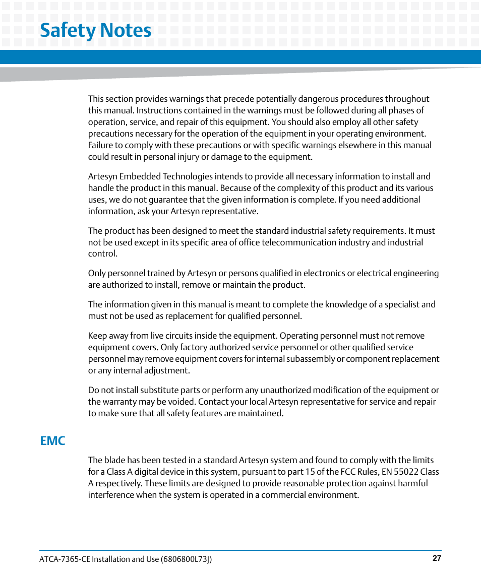 Safety notes | Artesyn ATCA-7365-CE Installation and Use (May 2014) User Manual | Page 27 / 294