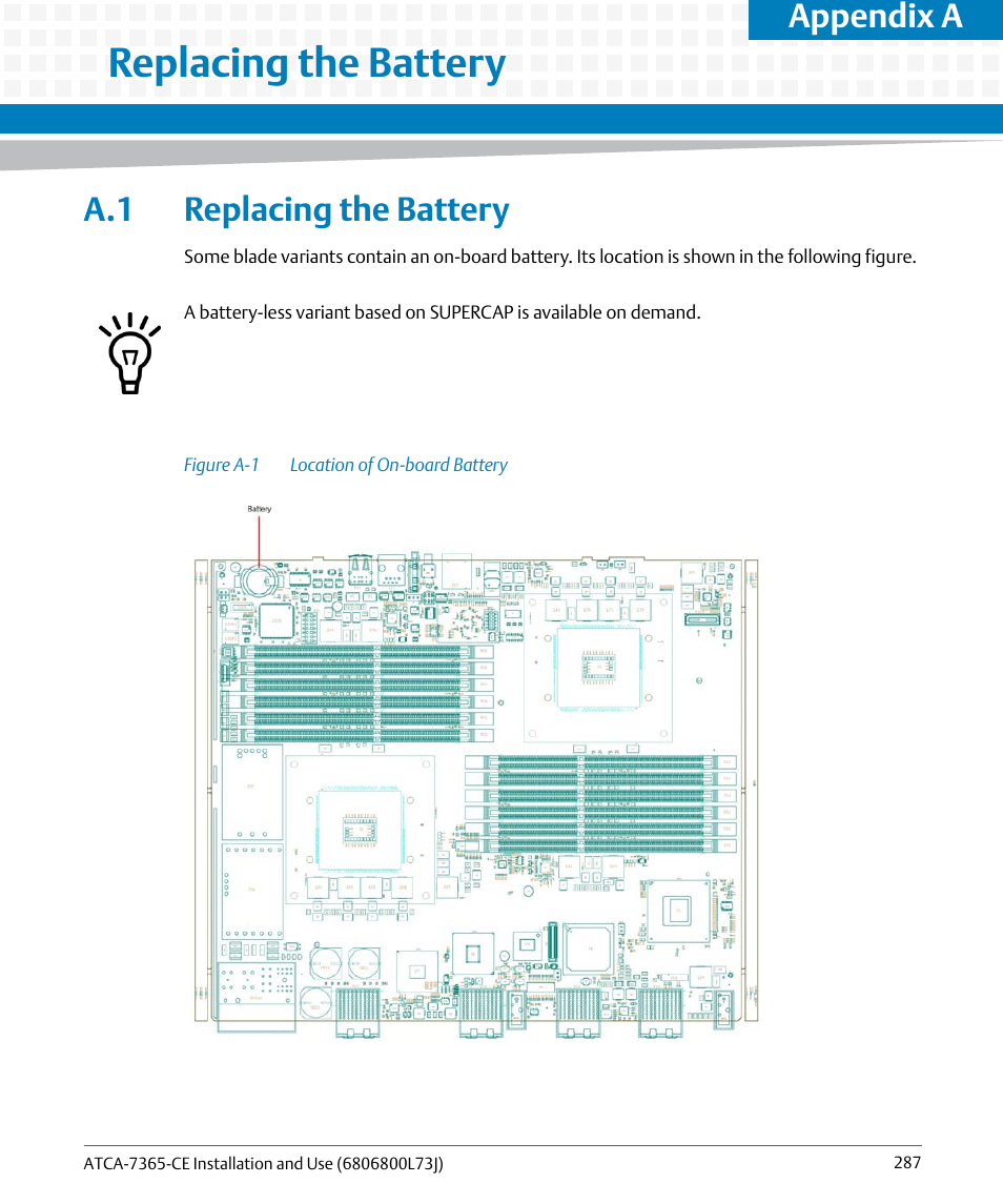 A replacing the battery, A.1 replacing the battery, Figure a-1 | Location of on-board battery, Replacing the battery, Appendix a | Artesyn ATCA-7365-CE Installation and Use (May 2014) User Manual | Page 287 / 294