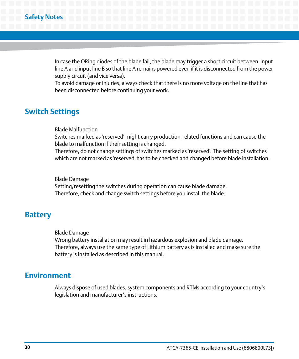 Switch settings, Battery, Environment | Artesyn ATCA-7365-CE Installation and Use (May 2014) User Manual | Page 30 / 294