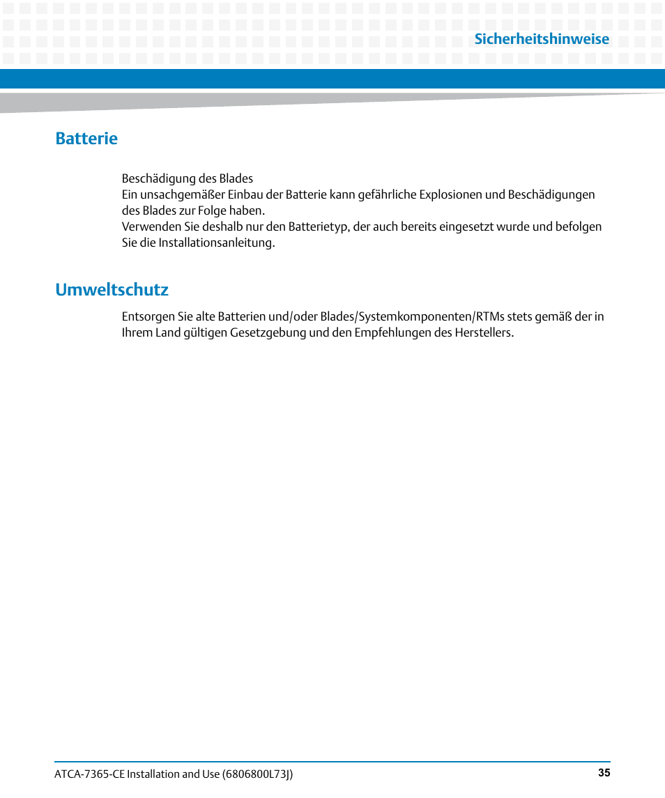 Batterie, Umweltschutz | Artesyn ATCA-7365-CE Installation and Use (May 2014) User Manual | Page 35 / 294