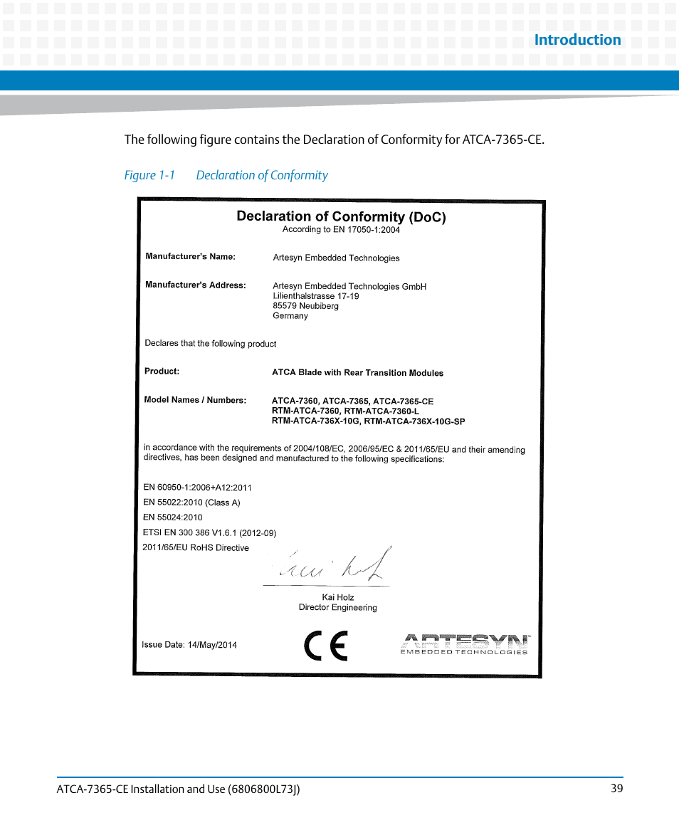 Figure 1-1, Declaration of conformity, Introduction | Artesyn ATCA-7365-CE Installation and Use (May 2014) User Manual | Page 39 / 294