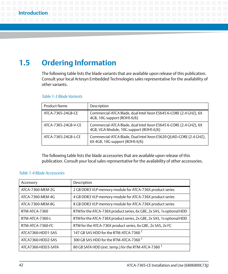 5 ordering information, Table 1-3, Blade variants | Table 1-4, Blade accessories, Introduction | Artesyn ATCA-7365-CE Installation and Use (May 2014) User Manual | Page 42 / 294