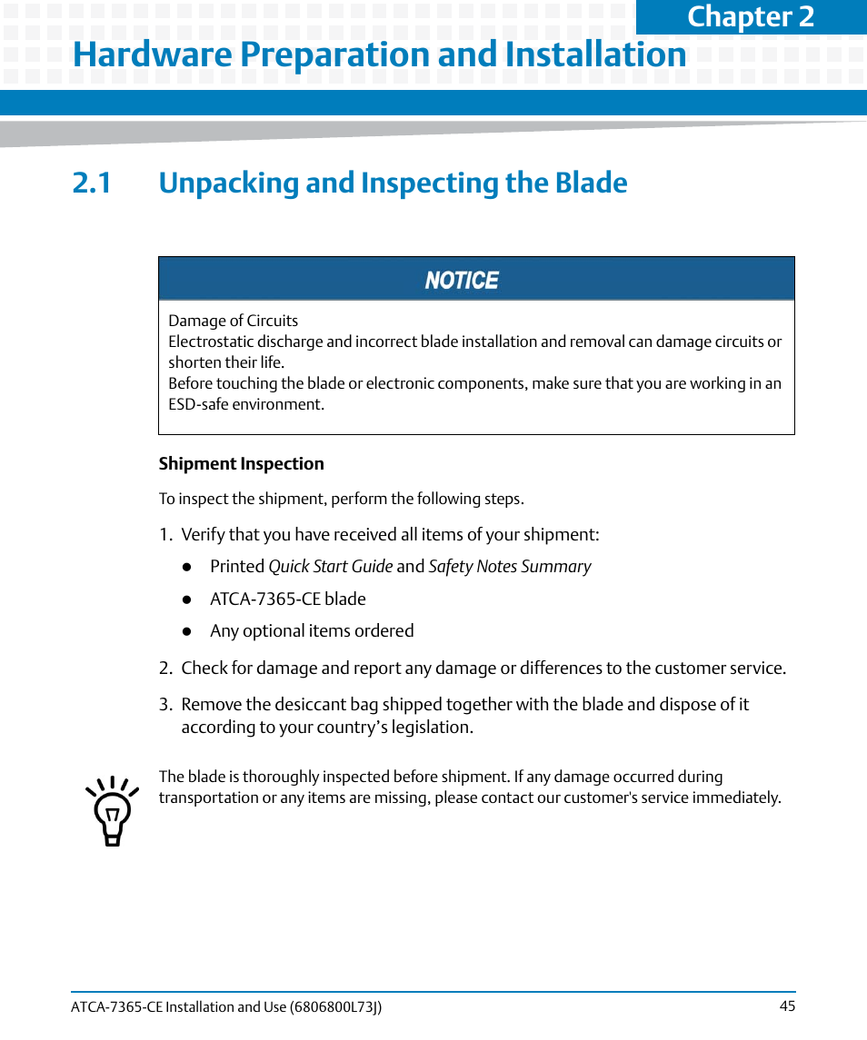 Hardware preparation and installation, 1 unpacking and inspecting the blade, Chapter 2 | Artesyn ATCA-7365-CE Installation and Use (May 2014) User Manual | Page 45 / 294