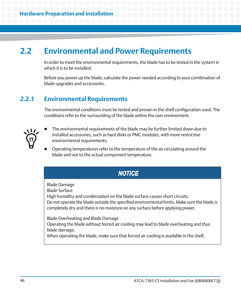 2 environmental and power requirements, 1 environmental requirements | Artesyn ATCA-7365-CE Installation and Use (May 2014) User Manual | Page 46 / 294