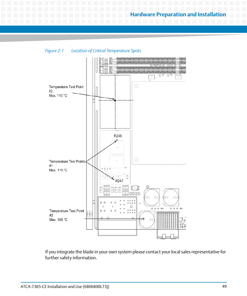 Figure 2-1, Location of critical temperature spots, Hardware preparation and installation | Artesyn ATCA-7365-CE Installation and Use (May 2014) User Manual | Page 49 / 294