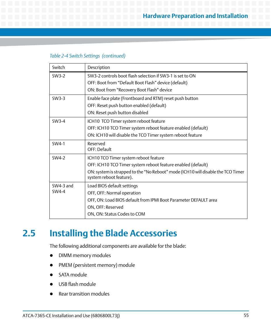 5 installing the blade accessories, Hardware preparation and installation | Artesyn ATCA-7365-CE Installation and Use (May 2014) User Manual | Page 55 / 294