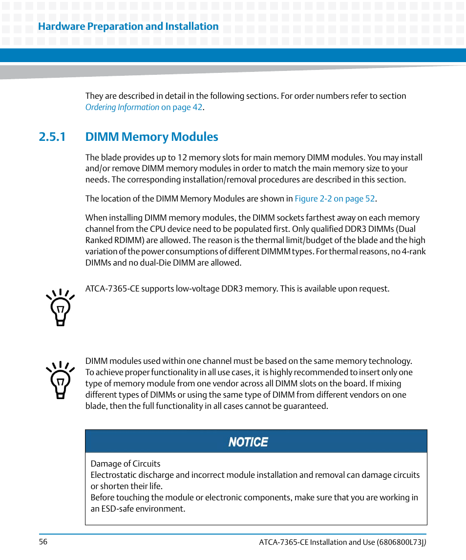 1 dimm memory modules, Dimm memory modules | Artesyn ATCA-7365-CE Installation and Use (May 2014) User Manual | Page 56 / 294