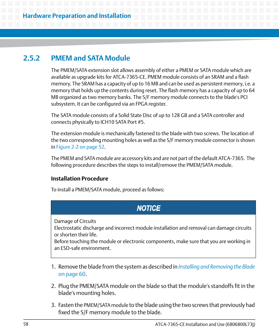 2 pmem and sata module | Artesyn ATCA-7365-CE Installation and Use (May 2014) User Manual | Page 58 / 294