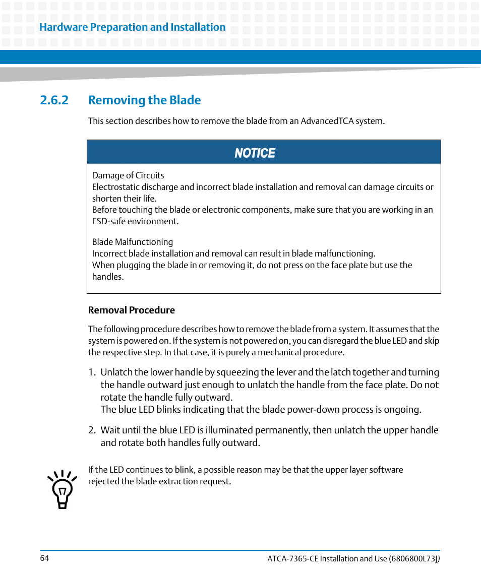 2 removing the blade, Removing the blade | Artesyn ATCA-7365-CE Installation and Use (May 2014) User Manual | Page 64 / 294