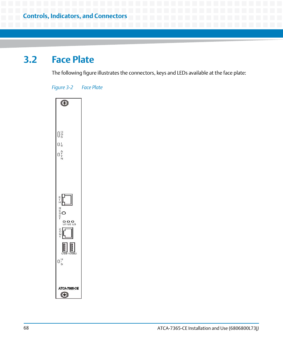 2 face plate, Figure 3-2, Face plate | Artesyn ATCA-7365-CE Installation and Use (May 2014) User Manual | Page 68 / 294