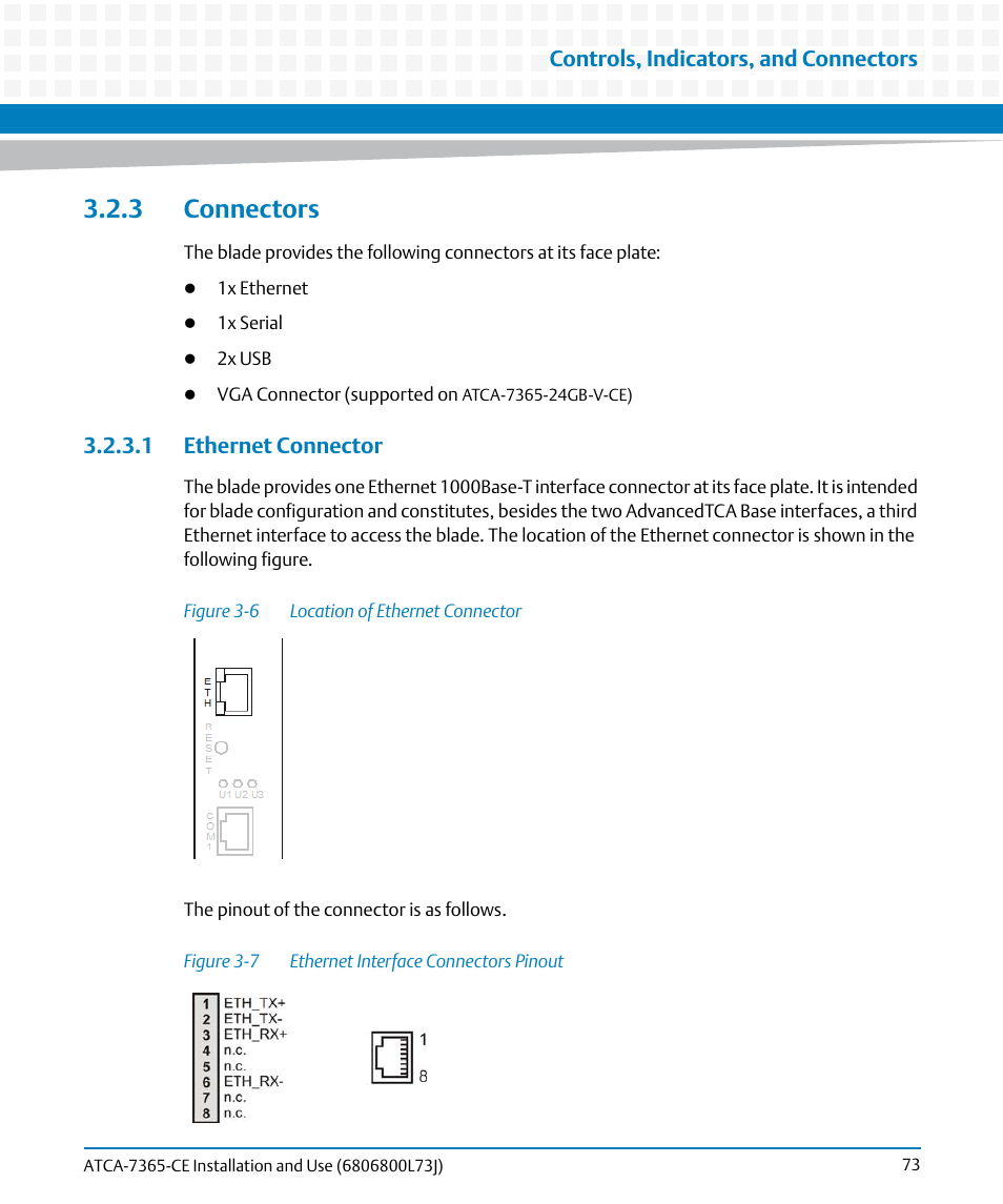 3 connectors, 1 ethernet connector, Figure 3-6 | Location of ethernet connector, Figure 3-7, Ethernet interface connectors pinout, Controls, indicators, and connectors | Artesyn ATCA-7365-CE Installation and Use (May 2014) User Manual | Page 73 / 294