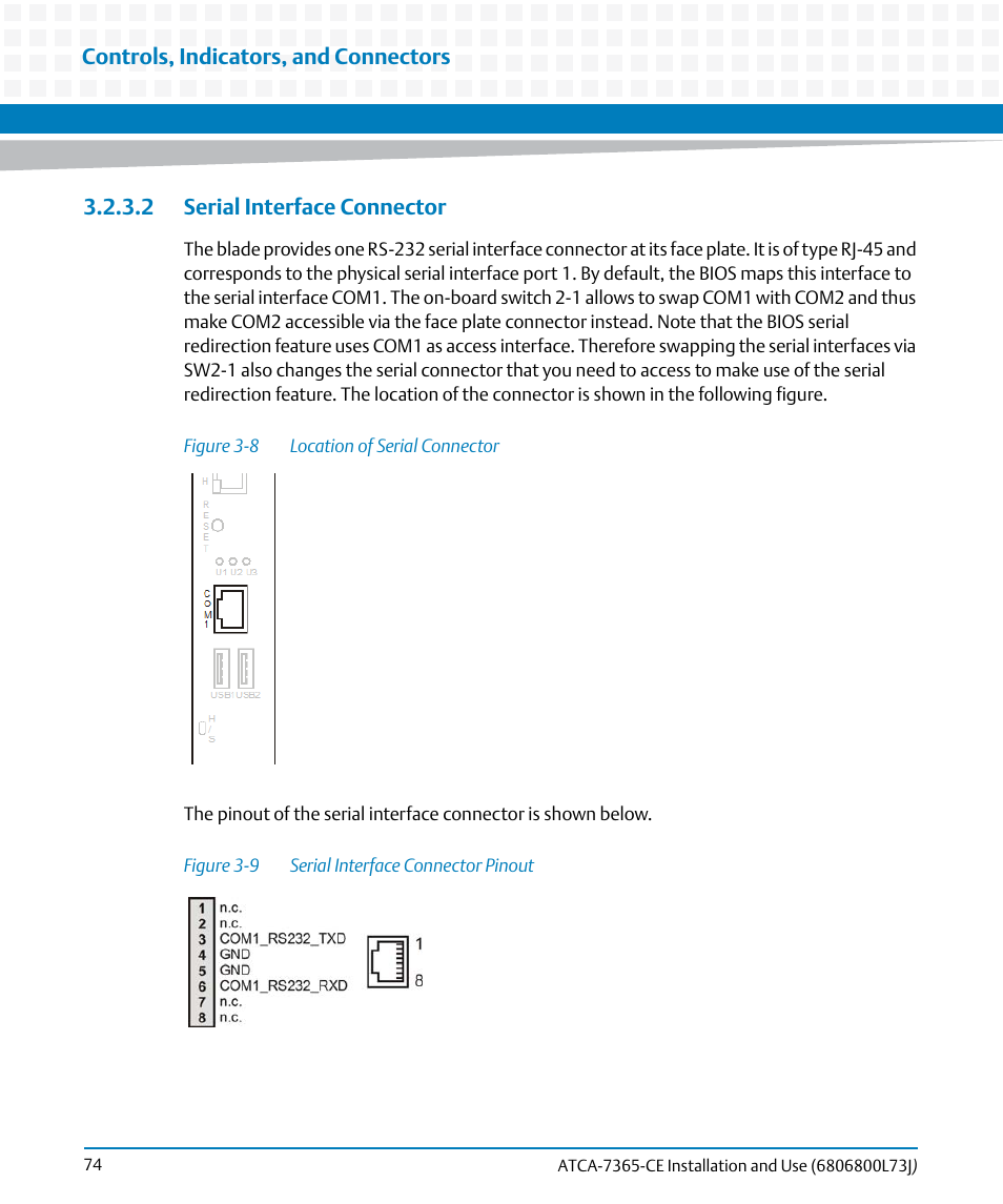 2 serial interface connector, Figure 3-8, Location of serial connector | Figure 3-9, Serial interface connector pinout, Serial interface connector | Artesyn ATCA-7365-CE Installation and Use (May 2014) User Manual | Page 74 / 294