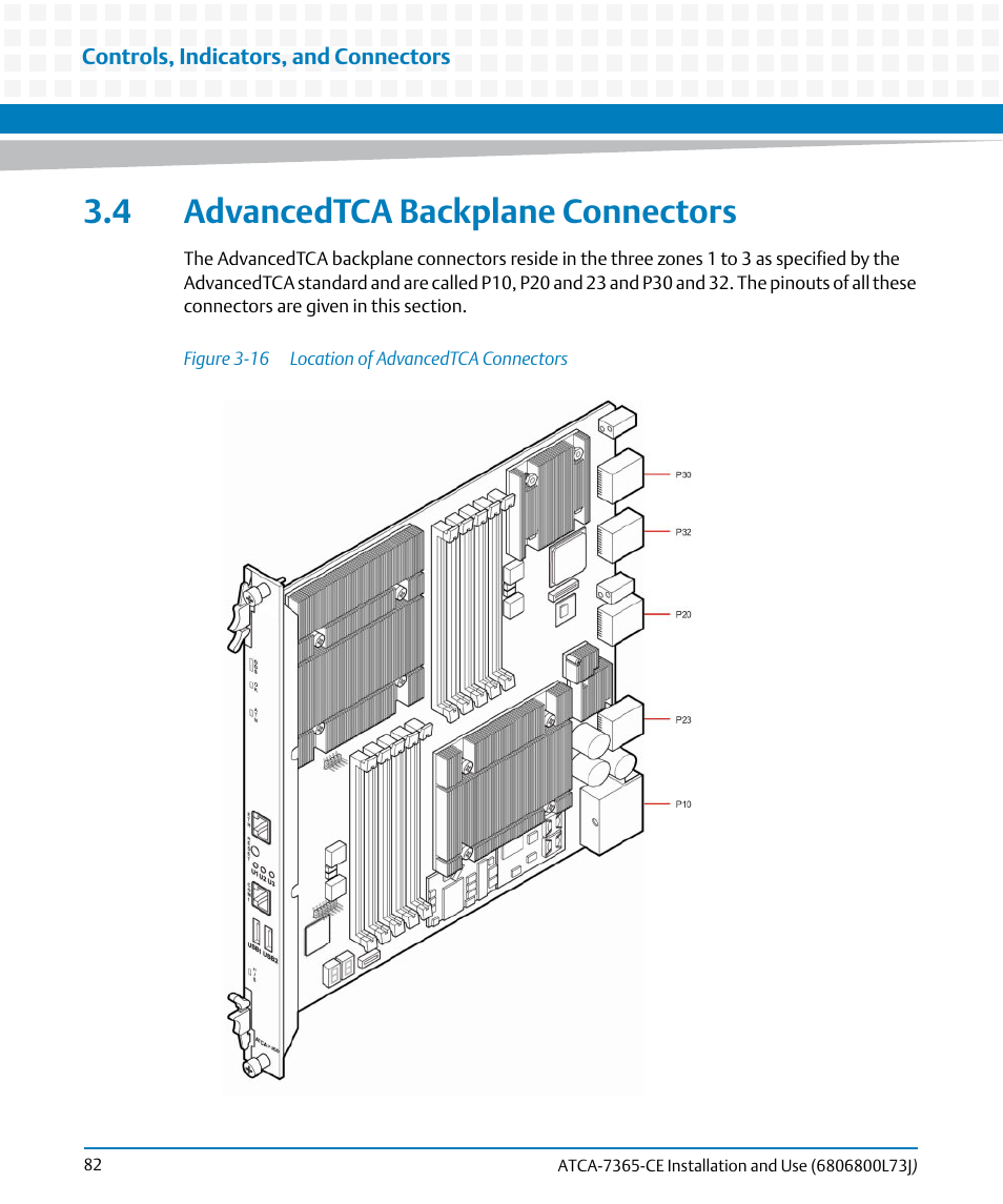 4 advancedtca backplane connectors, Figure 3-16, Location of advancedtca connectors | Artesyn ATCA-7365-CE Installation and Use (May 2014) User Manual | Page 82 / 294