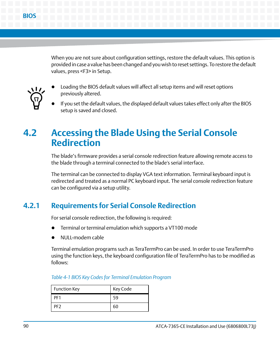 1 requirements for serial console redirection, Table 4-1, Bios key codes for terminal emulation program | Artesyn ATCA-7365-CE Installation and Use (May 2014) User Manual | Page 90 / 294