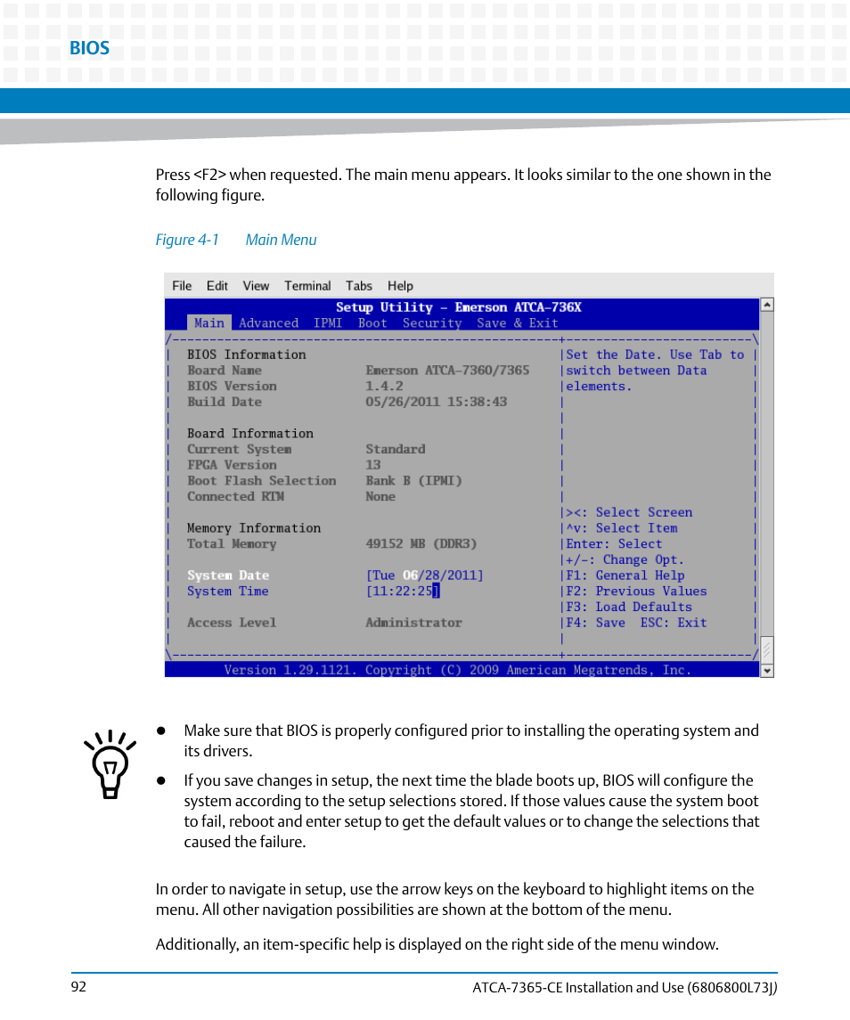 Figure 4-1, Main menu, Bios | Artesyn ATCA-7365-CE Installation and Use (May 2014) User Manual | Page 92 / 294