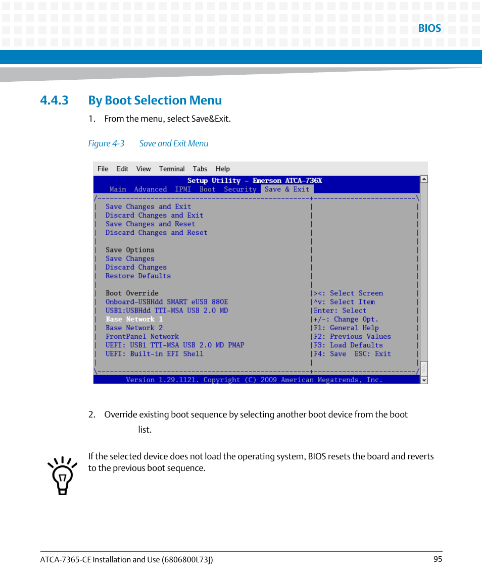 3 by boot selection menu, Figure 4-3, Save and exit menu | Artesyn ATCA-7365-CE Installation and Use (May 2014) User Manual | Page 95 / 294