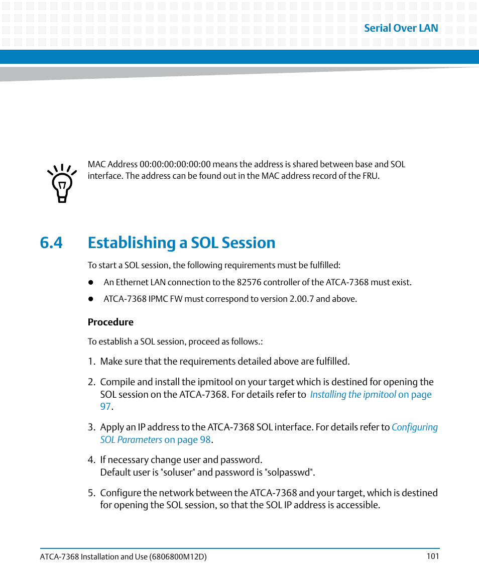 4 establishing a sol session | Artesyn ATCA-7368 Installation and Use (June 2014) User Manual | Page 101 / 222
