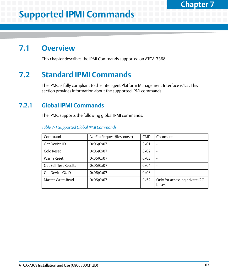 Supported ipmi commands, 1 overview, 2 standard ipmi commands | 1 global ipmi commands, 1 overview 7.2 standard ipmi commands, Table 7-1, Supported global ipmi commands, Chapter 7 | Artesyn ATCA-7368 Installation and Use (June 2014) User Manual | Page 103 / 222