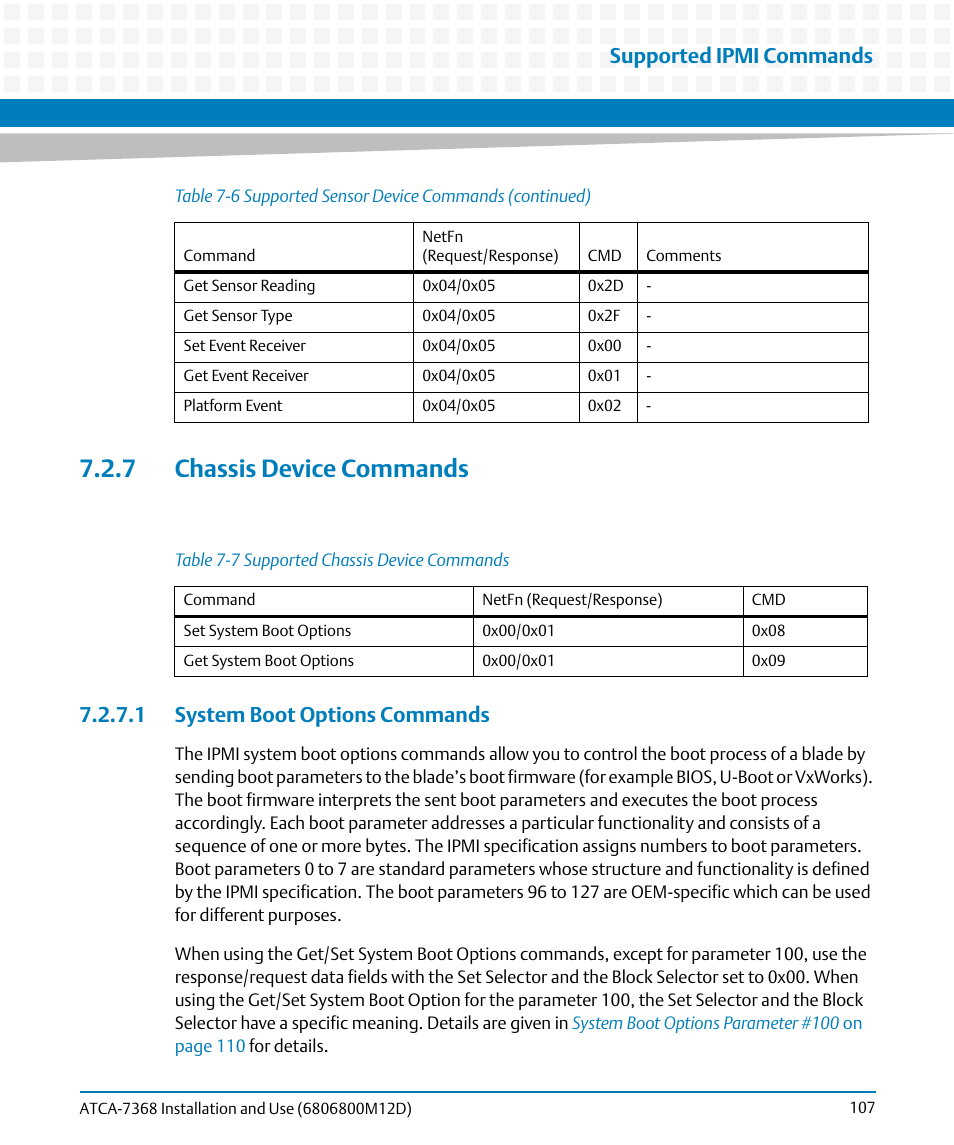 7 chassis device commands, 1 system boot options commands, Table 7-7 | Supported chassis device commands, Supported ipmi commands | Artesyn ATCA-7368 Installation and Use (June 2014) User Manual | Page 107 / 222