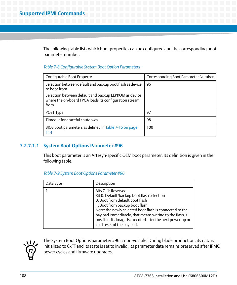 Table 7-8, Configurable system boot option parameters, Table 7-9 | System boot options parameter #96, Supported ipmi commands | Artesyn ATCA-7368 Installation and Use (June 2014) User Manual | Page 108 / 222