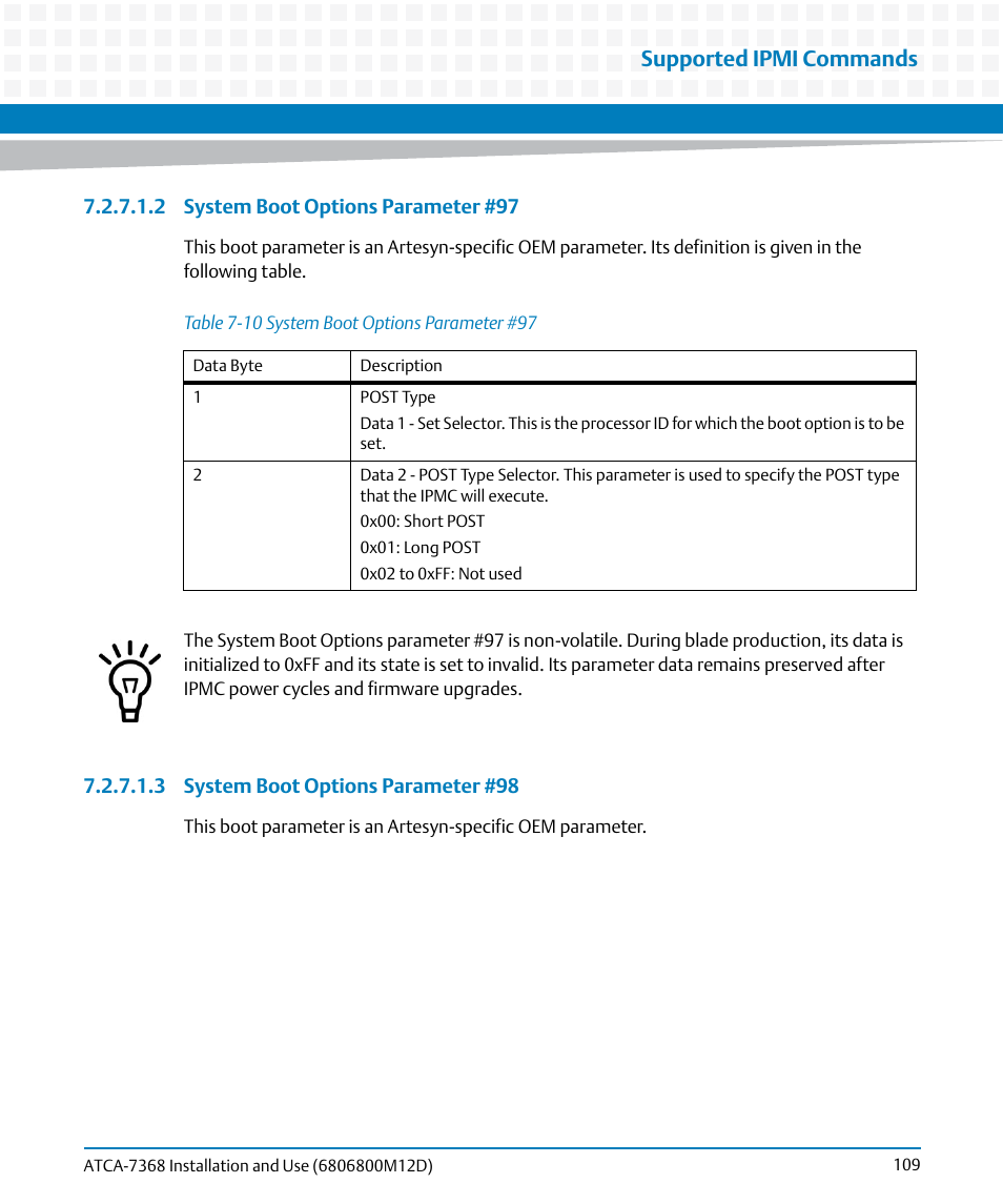 Table 7-10, System boot options parameter #97, Supported ipmi commands | Artesyn ATCA-7368 Installation and Use (June 2014) User Manual | Page 109 / 222