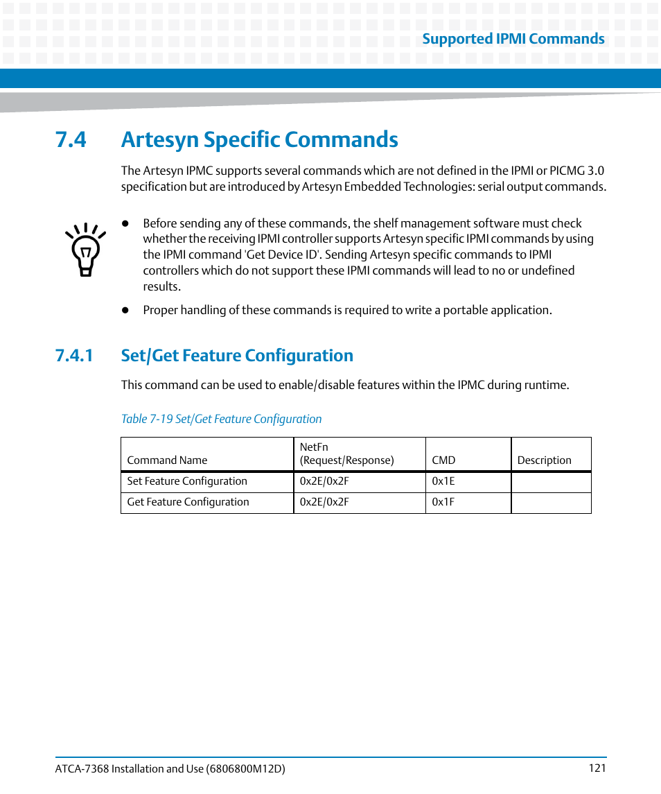 4 artesyn specific commands, 1 set/get feature configuration, Table 7-19 | Set/get feature configuration | Artesyn ATCA-7368 Installation and Use (June 2014) User Manual | Page 121 / 222
