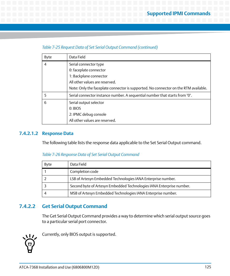 2 get serial output command, Table 7-26, Response data of set serial output command | Get serial output command, Supported ipmi commands | Artesyn ATCA-7368 Installation and Use (June 2014) User Manual | Page 125 / 222