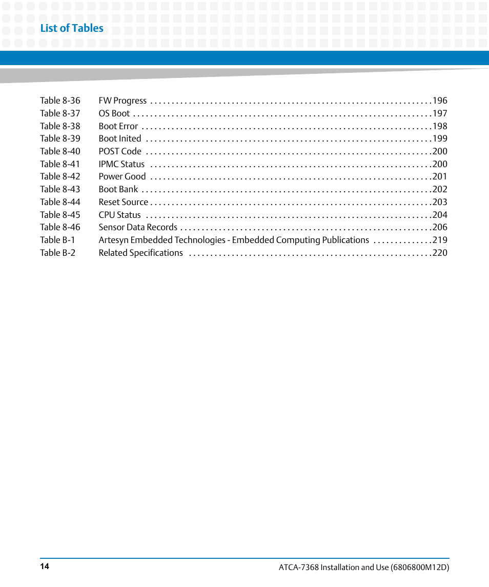 List of tables | Artesyn ATCA-7368 Installation and Use (June 2014) User Manual | Page 14 / 222
