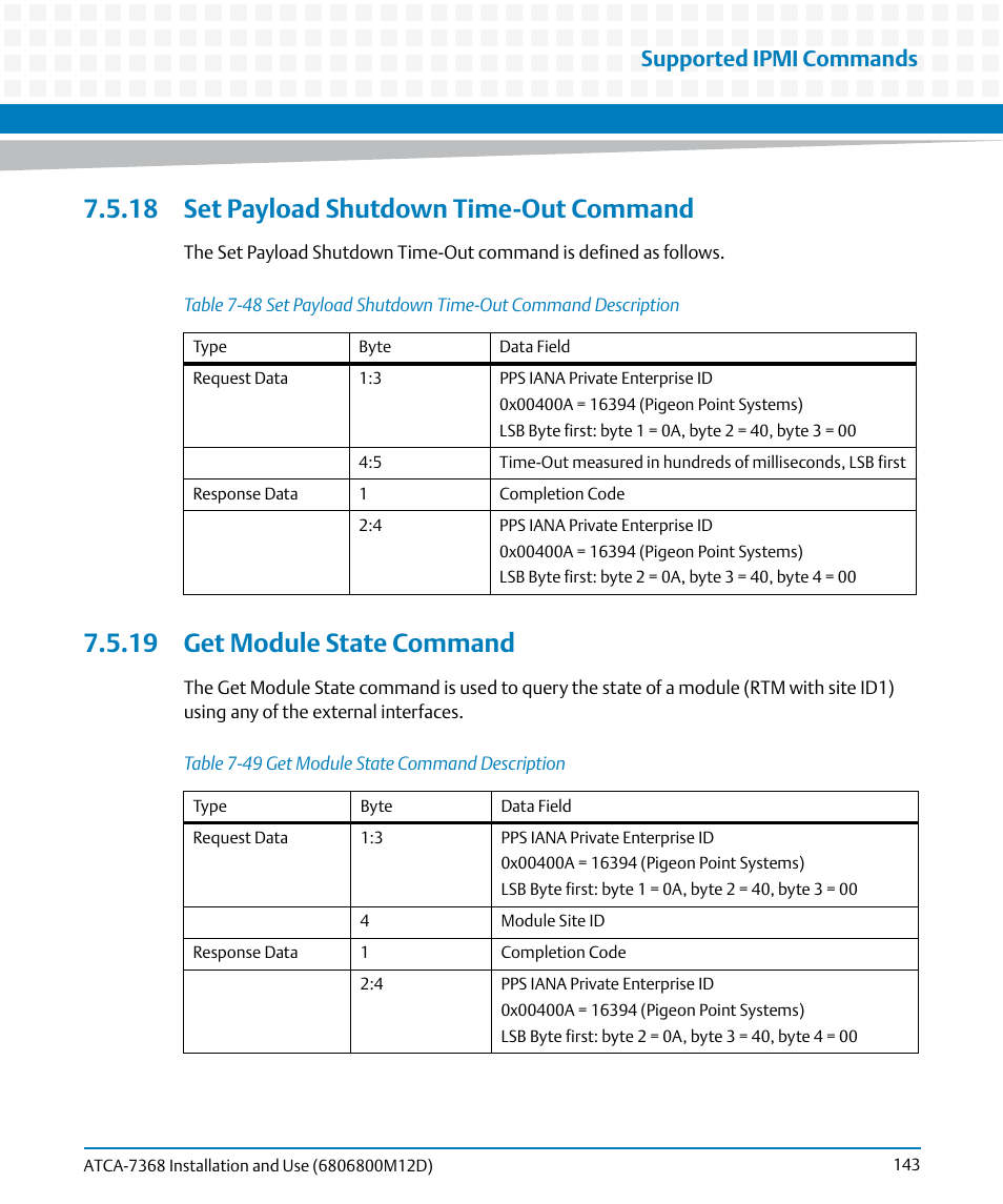 18 set payload shutdown time-out command, 19 get module state command, Table 7-48 | Set payload shutdown time-out command description, Table 7-49, Get module state command description, Ime-out, Supported ipmi commands | Artesyn ATCA-7368 Installation and Use (June 2014) User Manual | Page 143 / 222