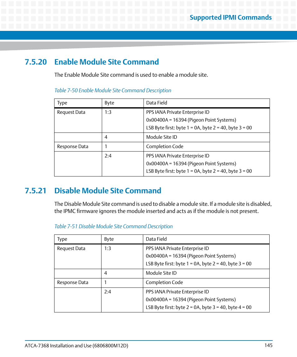 20 enable module site command, 21 disable module site command, Table 7-50 | Enable module site command description, Table 7-51, Disable module site command description, Supported ipmi commands | Artesyn ATCA-7368 Installation and Use (June 2014) User Manual | Page 145 / 222