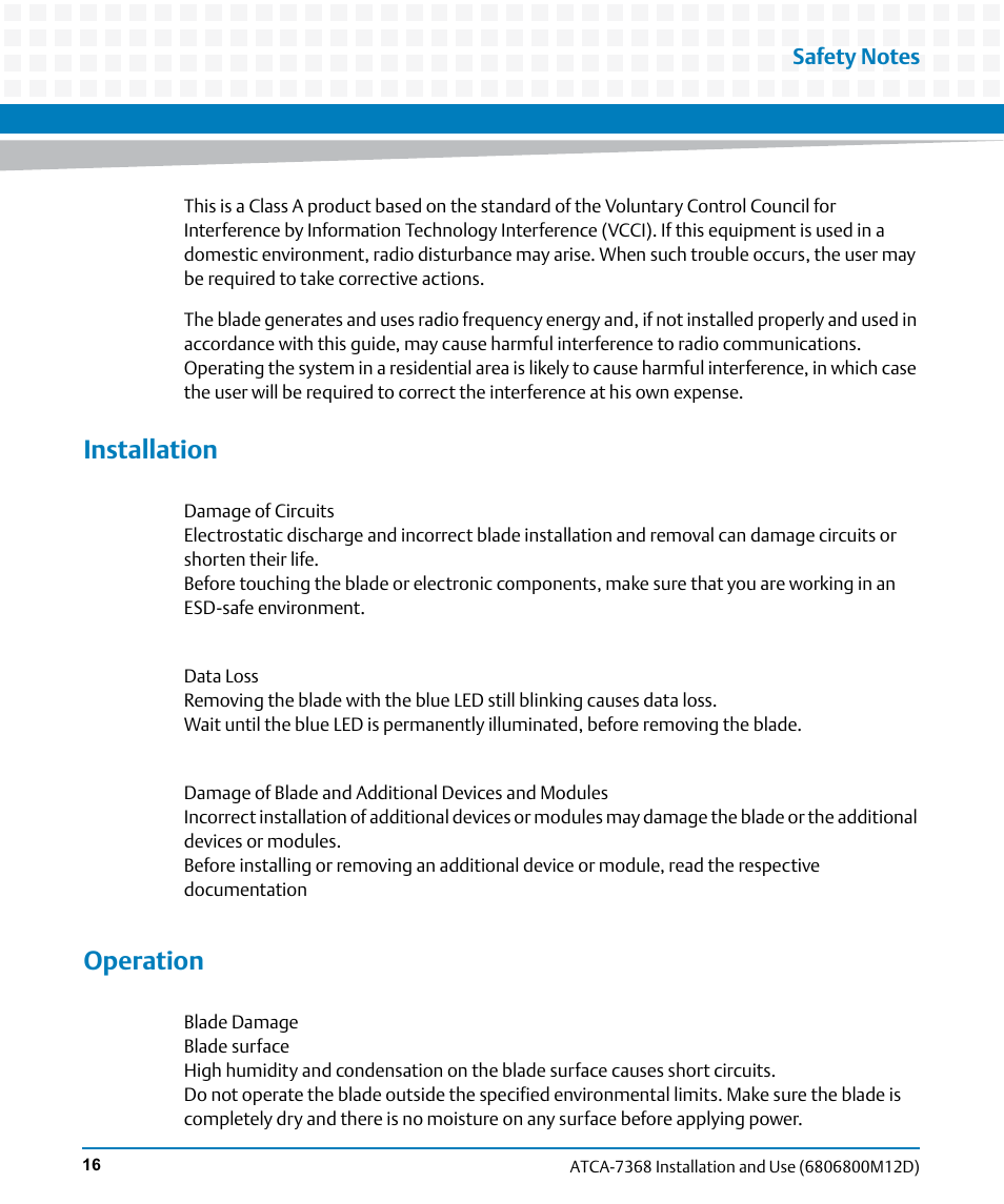 Installation, Operation | Artesyn ATCA-7368 Installation and Use (June 2014) User Manual | Page 16 / 222