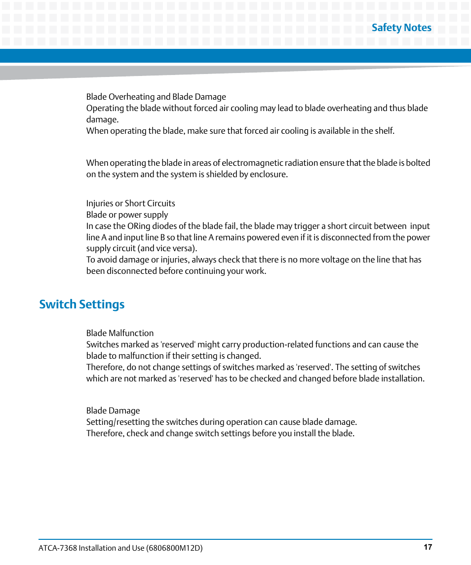 Switch settings | Artesyn ATCA-7368 Installation and Use (June 2014) User Manual | Page 17 / 222